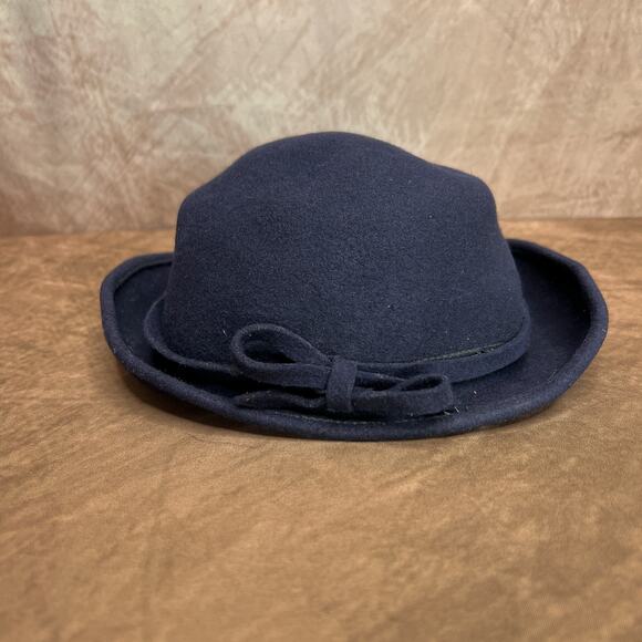 Vintage 40s Haverhill Bradford Corp Navy Bent Brim Wool Derby Hat Bow Round Top - Picture 2 of 11